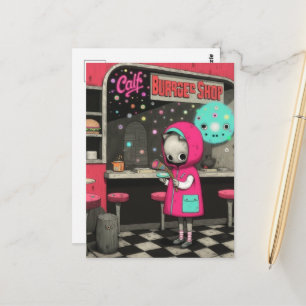 Carte Postale Boutique de burger surréaliste Chat dans une veste