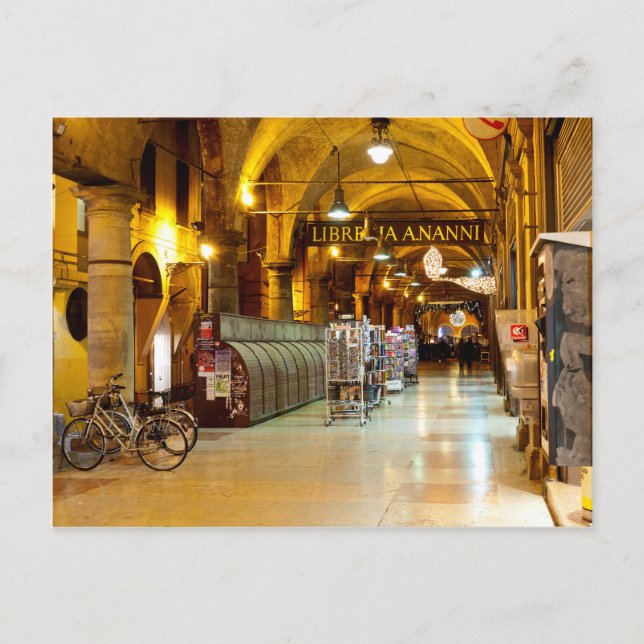 Carte Postale Boutiques sous un portique à Bologne, Italie (Devant)