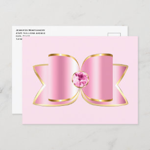Carte Postale Bow en verre rose avec pierre centrale