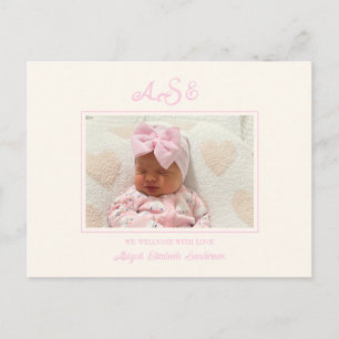 Carte Postale Bow rose photo Faire-part de naissance beige