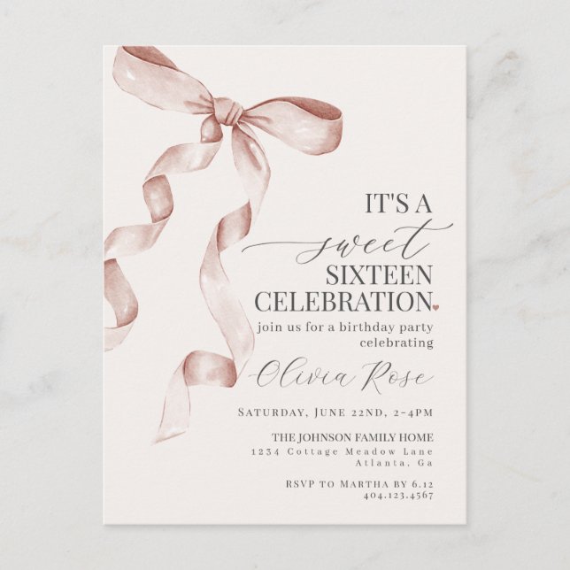 Carte Postale Bow Sweet sixteen Beige Anniversaire Fête Invitati (Devant)