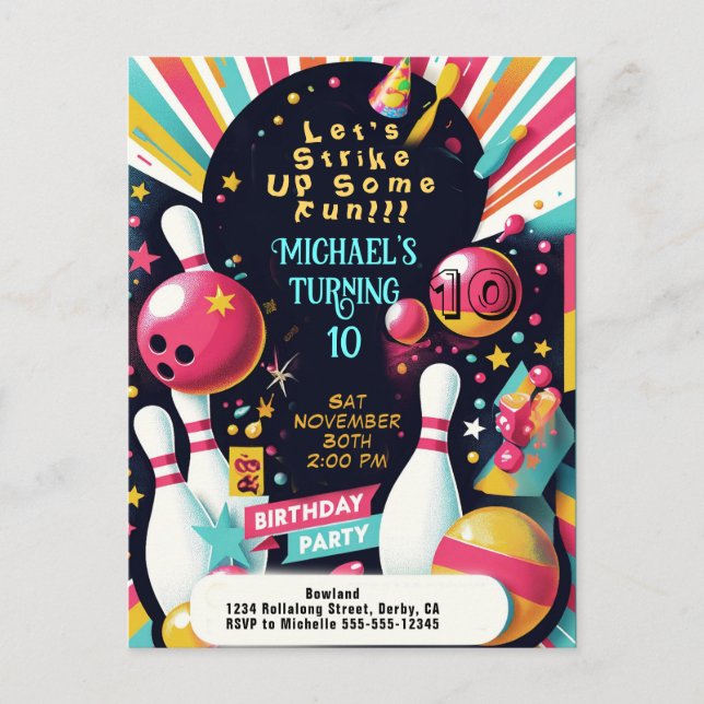 Carte Postale Bowling fête d'anniversaire (Devant)