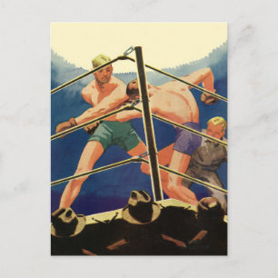 Carte Postale Boxe vintage, Boxers pendant un match