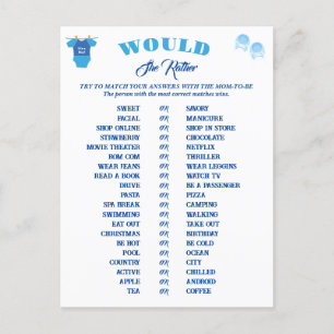 Carte Postale Boy Baby shower Games Prédiction et conseil.