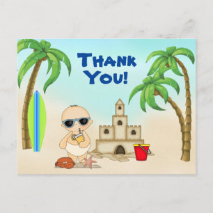 Carte Postale Boy Beach Baby Sandcastle et Surfboard Merci