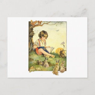 Carte Postale Boy reading under tree with rabbits