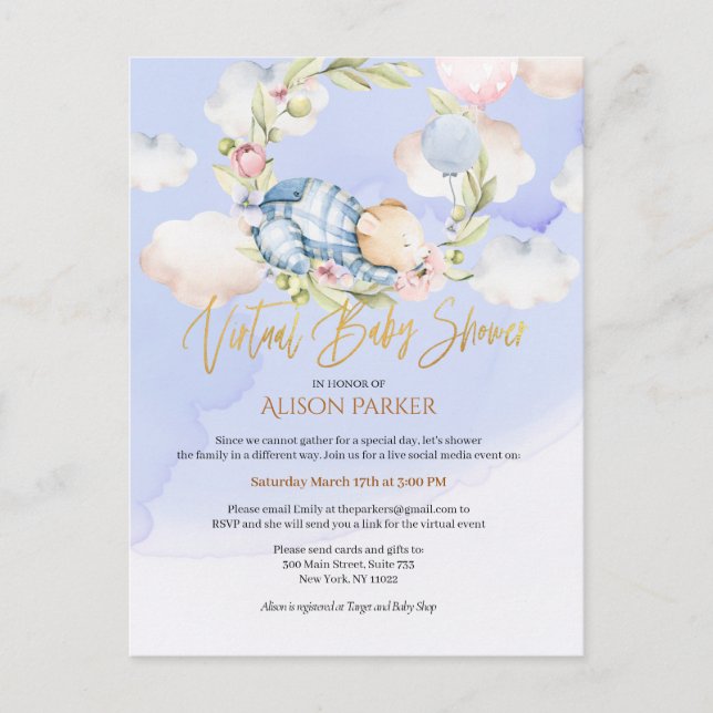 Carte Postale Boy Teddy Bear Woodland Baby shower virtuel Invita (Devant)