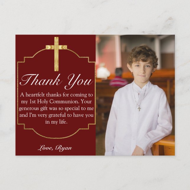 Carte Postale Boys Bourgogne Gold Cross 1er Merci communion (Devant)