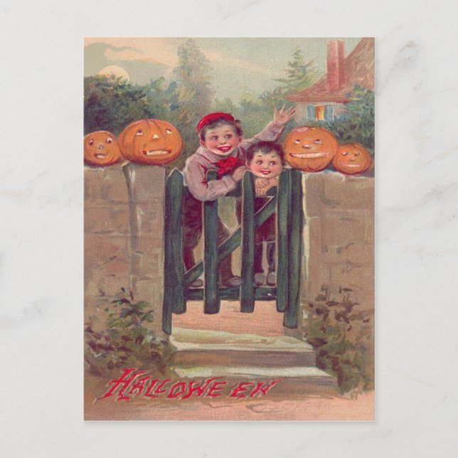 Carte Postale Boys Jack-o'-lantern Citrouille Fence (Devant)