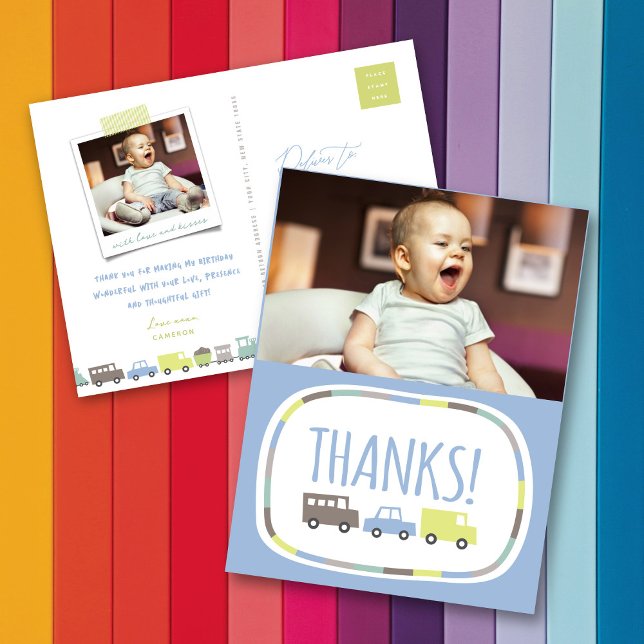 Carte Postale Boys Toys Fête d'anniversaire des enfants Merci No (Boys Toys Pastel Blue Transport Kid's Birthday Party Photo Thank You Postcard by fatfatin @ Zazzle)
