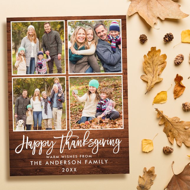 Carte Postale Bracelet Script Wood Family 4 Photo Thanksgiving (Customize to change your personalized text size or text style.)