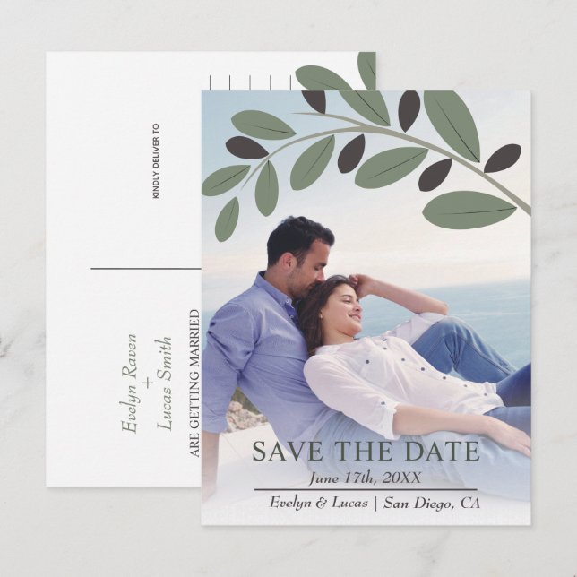 Carte Postale Branche d'olive méditerranéenne photo Save the Dat (Devant / Derrière)