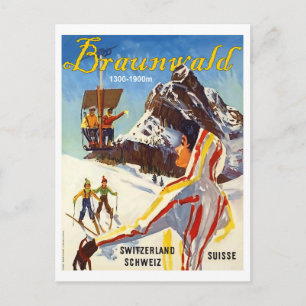 Carte Postale Braunvald, Suisse montagnes, personnes en ski