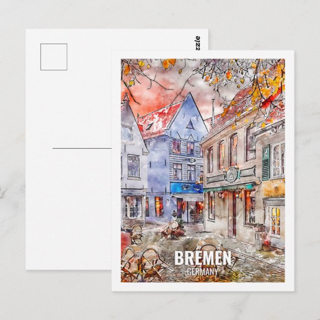 Carte Postale Bremen Allemagne Travel Place Aquarelle (Devant / Derrière)