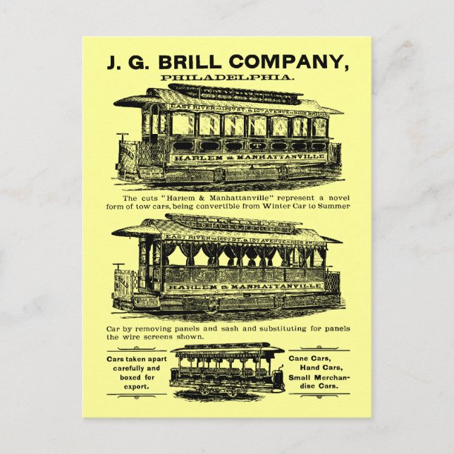 Carte Postale Brill Company Streetcars et Trolleys (Devant)