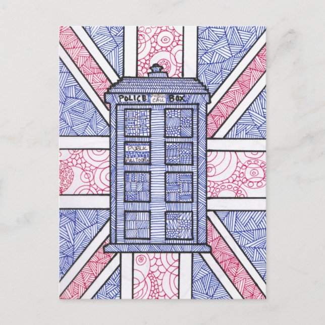 Carte Postale Britanniques Police Box et Union Jack Flag Illustr (Devant)