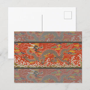 Carte Postale Brocade satinée rouge avec dragon chinois nuageux
