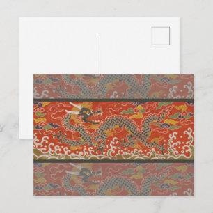 Carte Postale Brocade satinée rouge avec dragon chinois nuageux