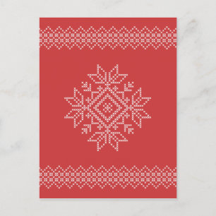 Carte Postale Broderie de Noël rouge flocon de neige art saisonn