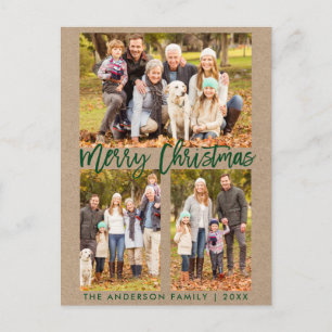 Carte Postale Brosse Kraft Script Famille 3 Photo Joyeux Noël