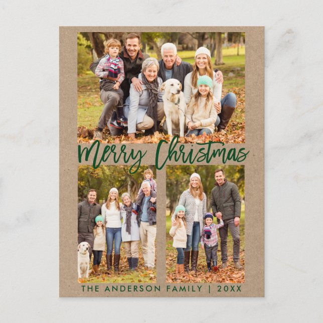 Carte Postale Brosse Kraft Script Famille 3 Photo Joyeux Noël (Devant)