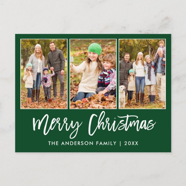 Carte Postale Brosse moderne Script 3 Photo Christmas Green (Devant)