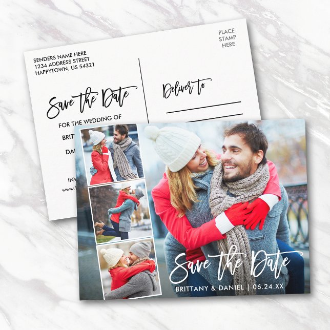 Carte Postale Brosse moderne Script Couple 4 Photo Enregistrer l (Customize to change your personalized text size or text style.)