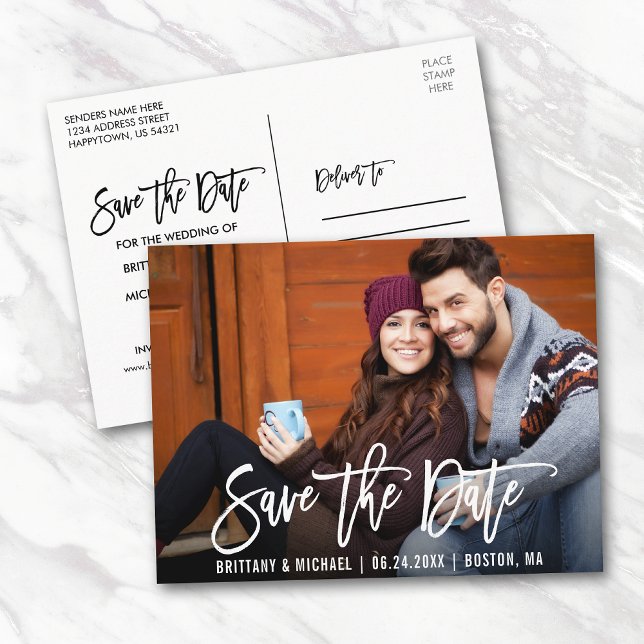 Carte Postale Brosse moderne Script Enregistrer la photo de date (Customize to change your personalized text size or text style.)