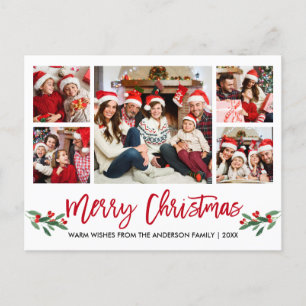 Carte Postale Brosse moderne Script Rouge 5 Photo Famille Noël
