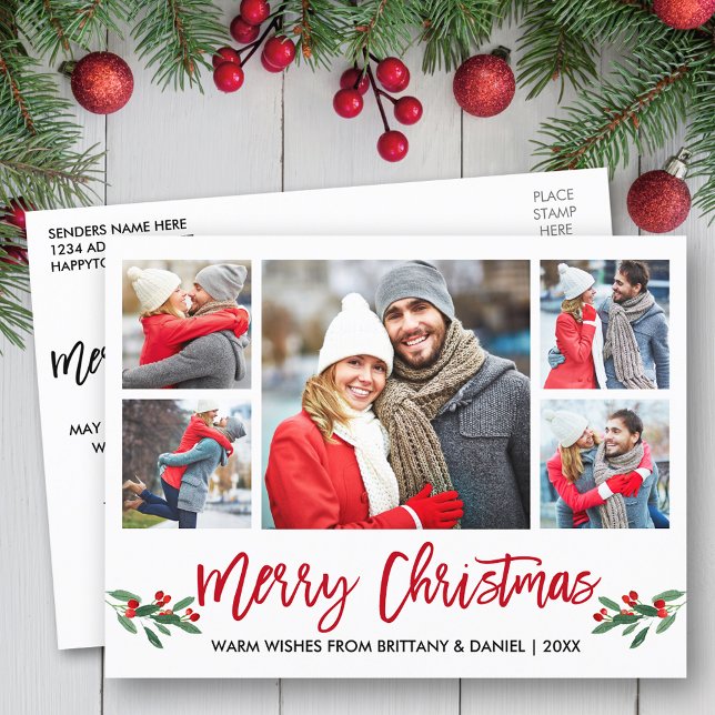 Carte Postale Brosse moderne Script rouge 5 Photo Joyeux Noël (Customize to change your personalized text size or text style.)
