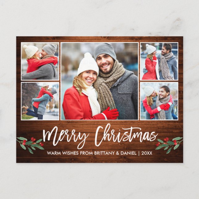 Carte Postale Brosse moderne Script Wood 5 Photo Joyeux Noël (Devant)