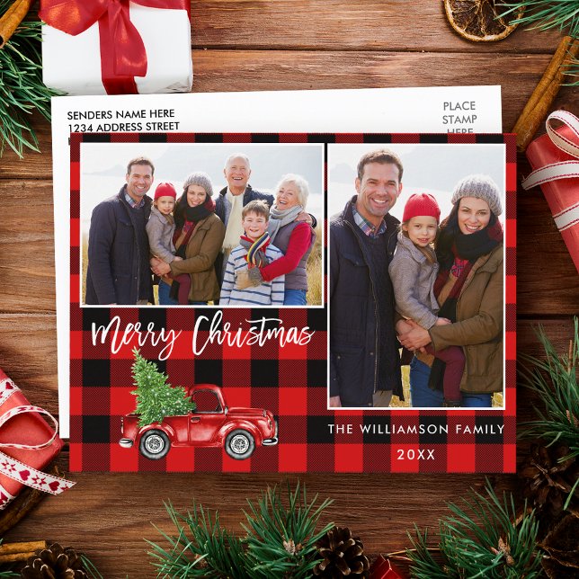 Carte Postale Brosse Rouge Script Camion 2 Photo Noël (Customize to change your personalized text size or text style.)