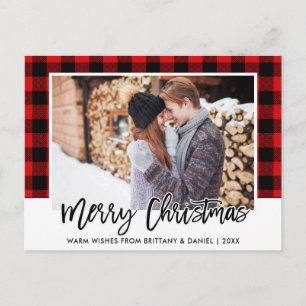 Carte Postale Brosse Script Couple Rouge Plaid Photo Noël