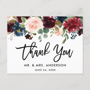 Carte Postale Brosse Script Mariage Floral Bordeaux Bleu Remerci
