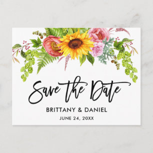 Carte Postale Brosse Script Sunflower Boho Floral Enregistrer la