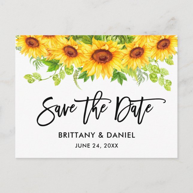 Carte Postale Brosse Script Tournesol floral Enregistrer la date (Devant)