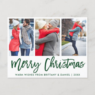Carte Postale Brosse verte moderne Script 3 Photo Couple Noël