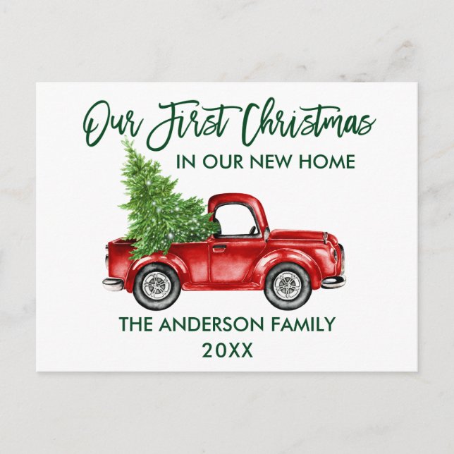 Carte Postale Brosse verte Script Premier Noël Nouveau Camion à  (Devant)