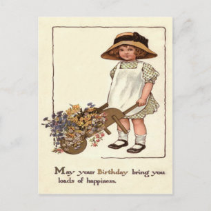 Carte Postale Brouette de fleurs de petite fille mignonne