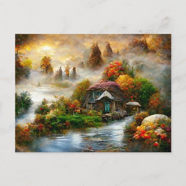 Carte Postale Brouillard le matin de l'automne. Fantasy Cottage. (Devant)