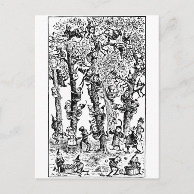 Carte Postale Brownies ramassant des pommes dans un verger (Devant)