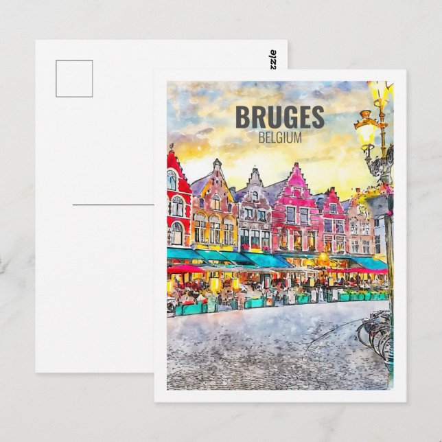 Carte Postale Bruges Belgique Fameux Voyage Aquarelle croquis (Devant / Derrière)