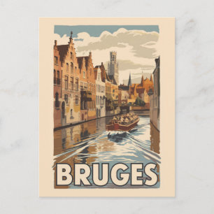 Carte Postale Bruges Belgique Illustration Art de Voyage Vintage