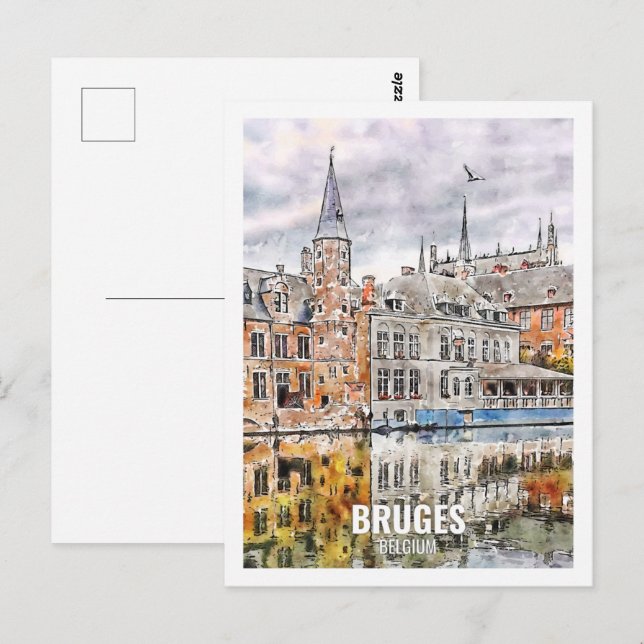 Carte Postale Bruges Belgique Travel Place Watercolor (Devant / Derrière)
