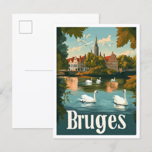 Carte Postale Bruges Belgique Vintage voyage d'art Illustration