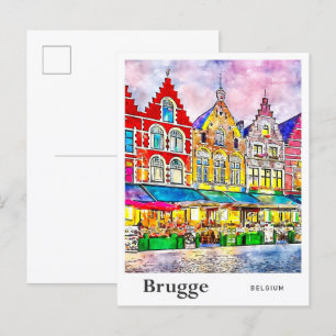Carte Postale Brugge Belgique Voyage Aquarelle main tirée