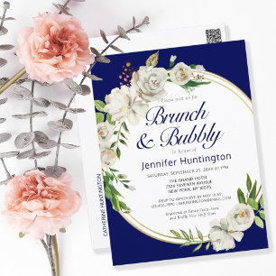 Carte Postale Brunch & Bubbly Fête des mariées florale bleu fonc