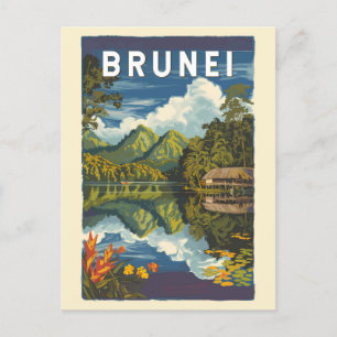 Carte Postale Brunei Illustration peinte Voyage Art Vintage