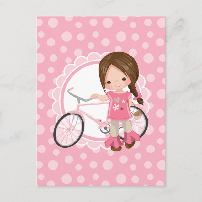 Carte Postale Brunette Bicycle Girl - Rose Blanc (Devant)