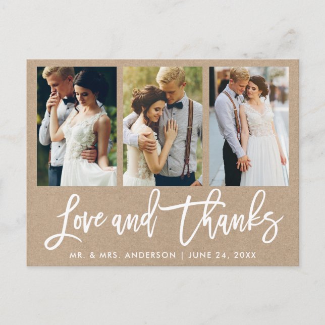 Carte Postale Brush Script 3 Photo Mariage Love Thanks Kraft (Devant)
